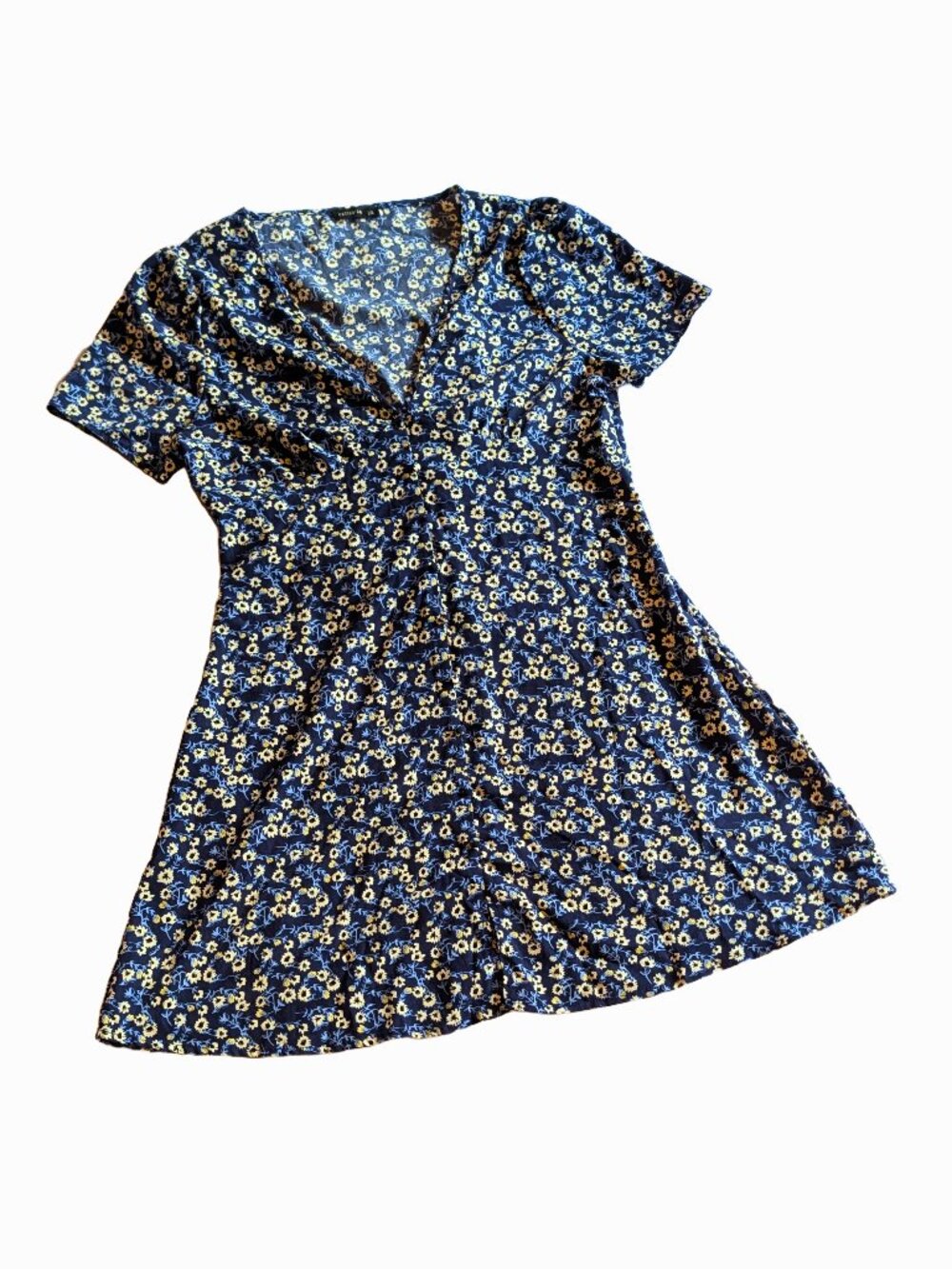 EUC Cotton On V-Neck Floral Print Blue Casual Mini Dress Women's Size L